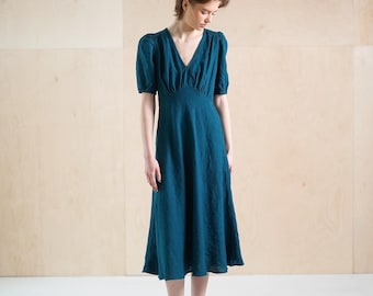 Empire linen dress with V-neck, midi linen dress with puffy sleeves, regency dress with empire waist, flared linen dress DOLCE