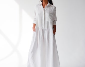 Effortless Maxi Linen Shirt Dress with pockets, Loose gathered linen shirtdress, Oversize summer linen Dress MISTY