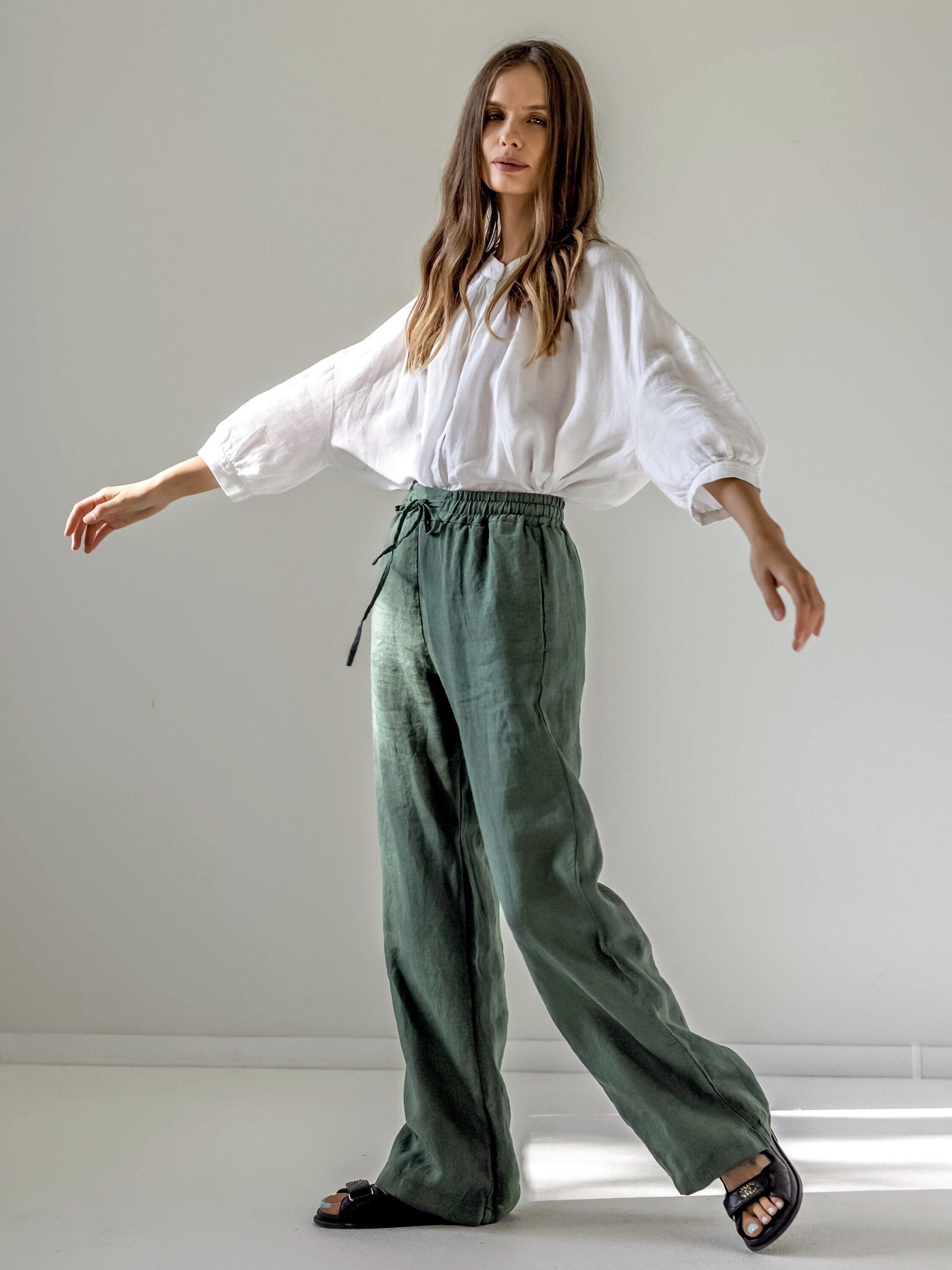 Wide Leg Linen Pants With Drawstring Waist, Loose-legged Wide Leg Linen Pants With Drawstring Waist, Loose-legged