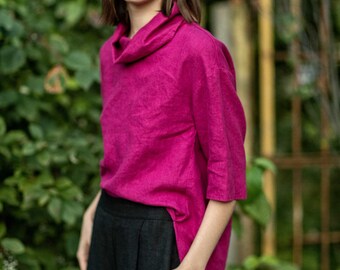 Roll Neck Linen Top Funnel Neck Blouse 