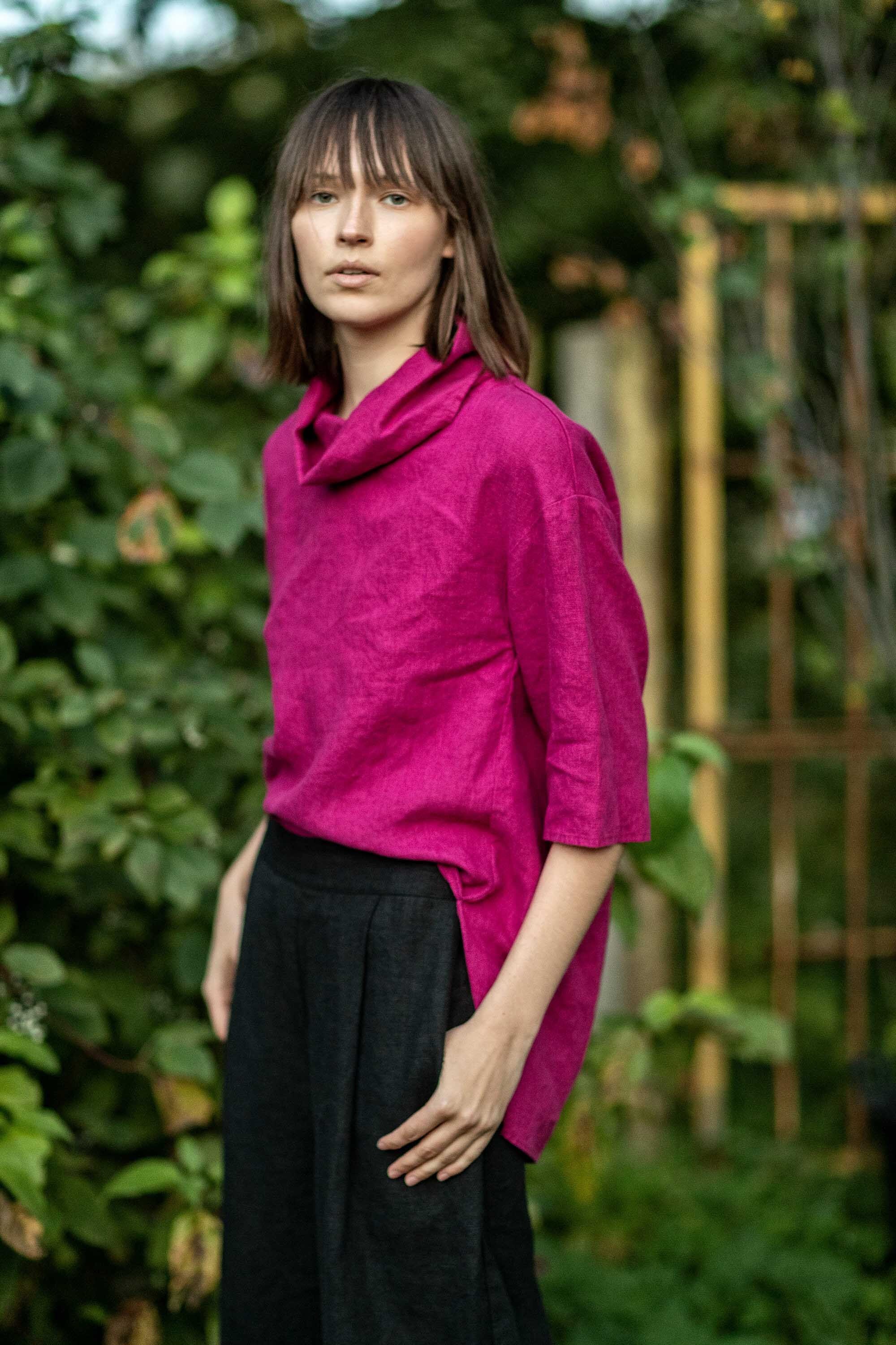 LINENIDstudio Roll Neck Linen Top, Funnel Neck Blouse, Linen Turtleneck Top, Loose Fit Round Neck Women Blouse, Longsleeve Linen Shirt with Slits Eclair