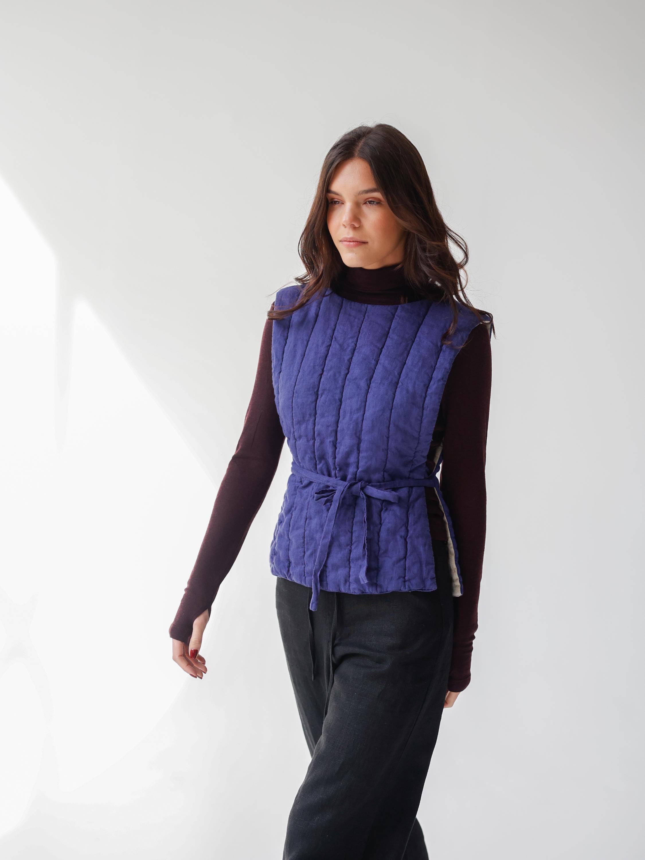 Quilted Vest for Women, Reversible Linen Vest, Tie Side Vest