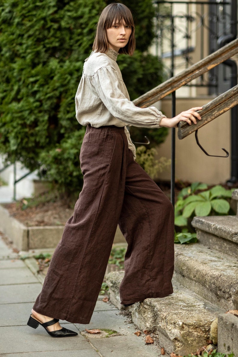 Heavy linen palazzo trousers, wide leg linen pants with pockets, long linen pants, boho linen trousers SPRING image 7