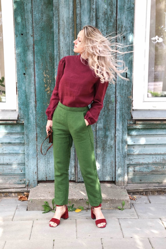 Tapered Linen Pants Women High Waisted 