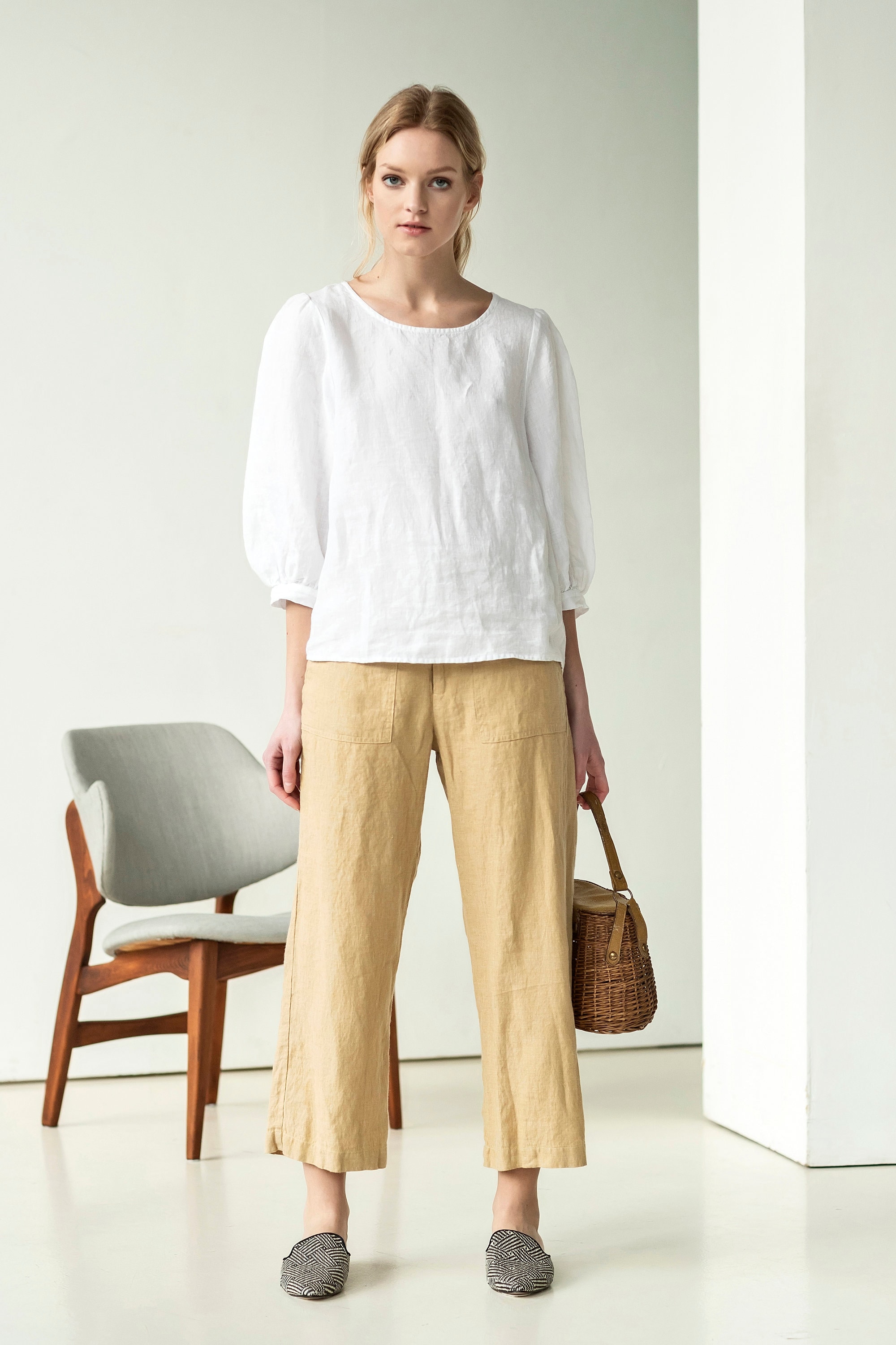 Balloon Sleeve Linen Blouse, Puffy Sleeve Linen Top, Linen