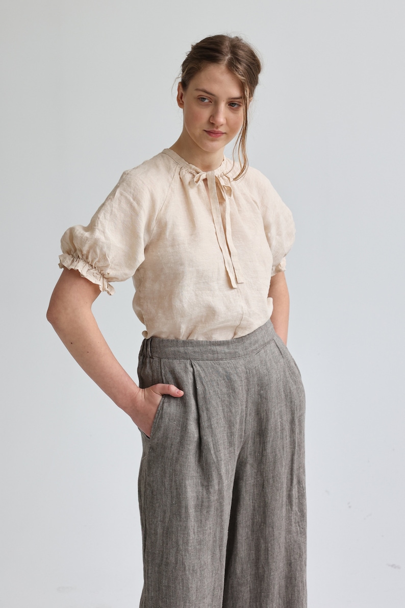 Puff sleeves linen top Bohemian blouse ROMANCE Linen balloon sleeve blouse