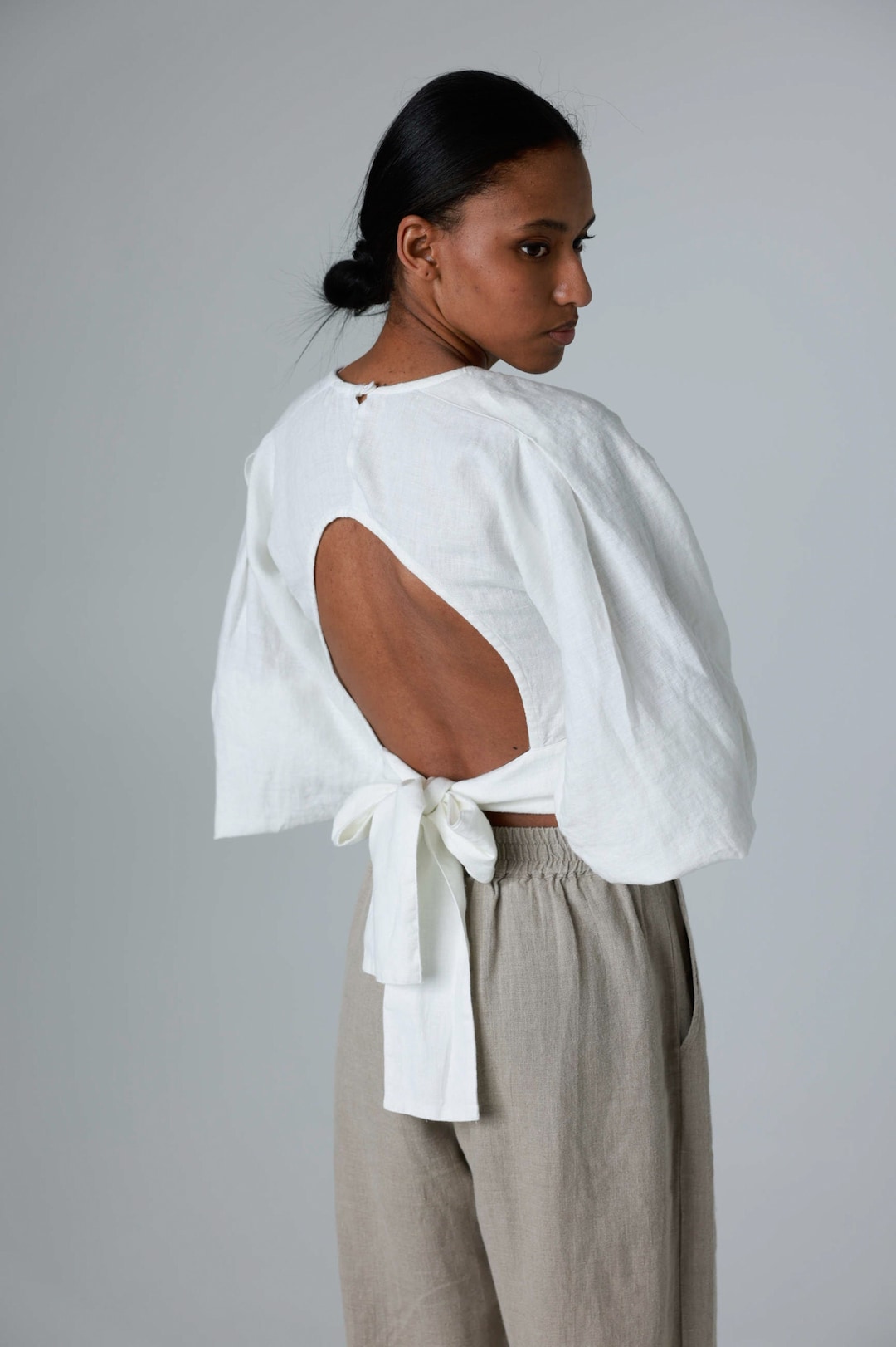 Balloon Sleeve Linen Blouse With Open Back, Linen Crop Top Balloon Sleeve Linen Blouse With Open Back, Linen Crop Top