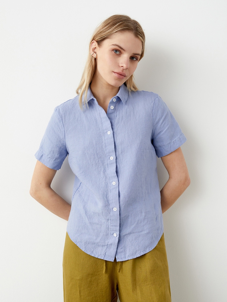 Size: XS/S Ready to ship Button up linen shirt women, business casual work shirt, short sleeve linen top, work from home linen blouse LILLE image 1