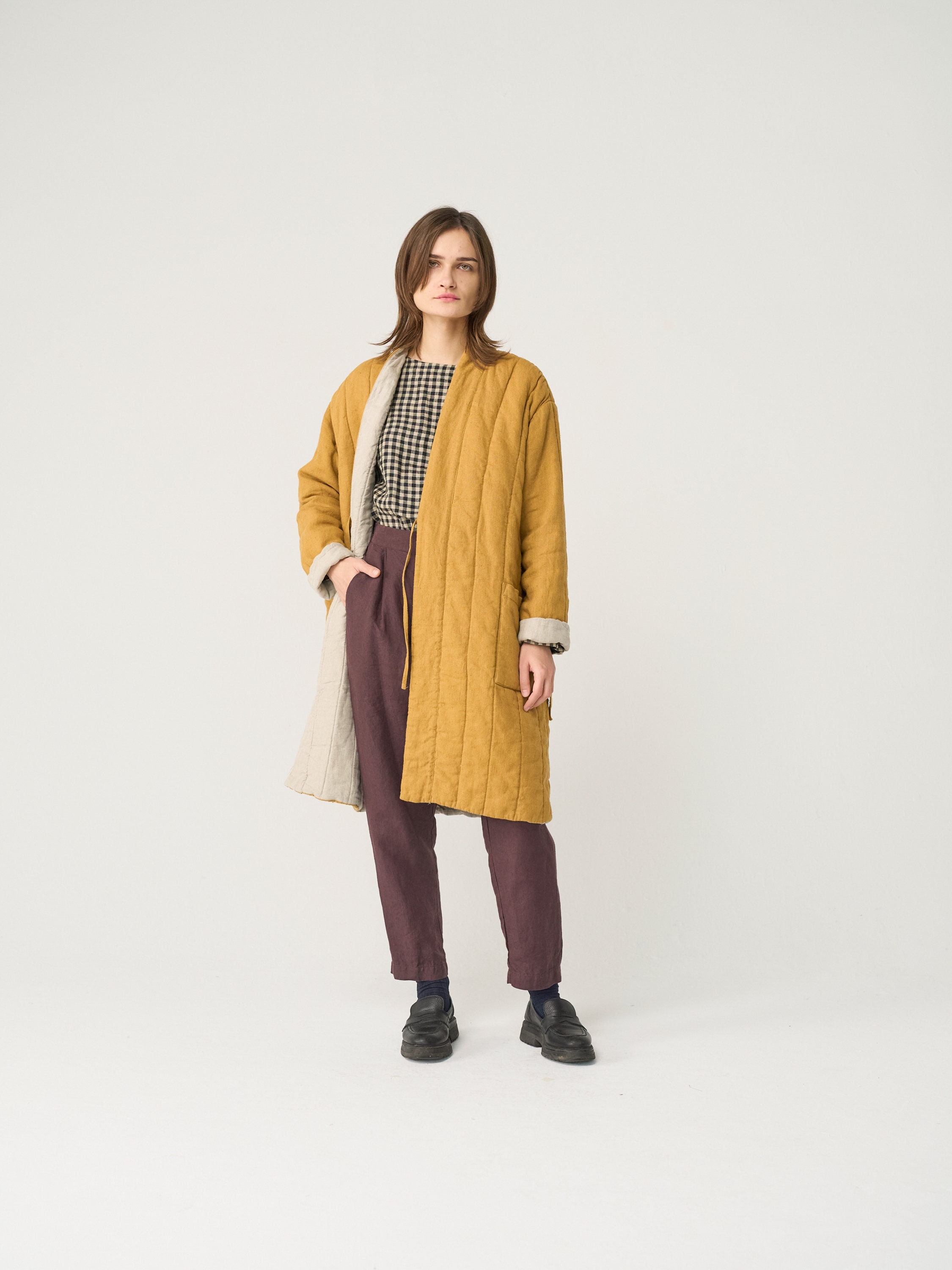 Quilted Linen Jacket, Long Padded Coat With Pockets, Warm