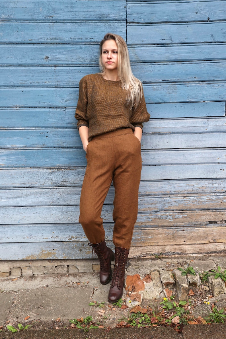 Heavy linen tapered pants with pockets, cropped linen trousers, linen pants for women LATTE image 6