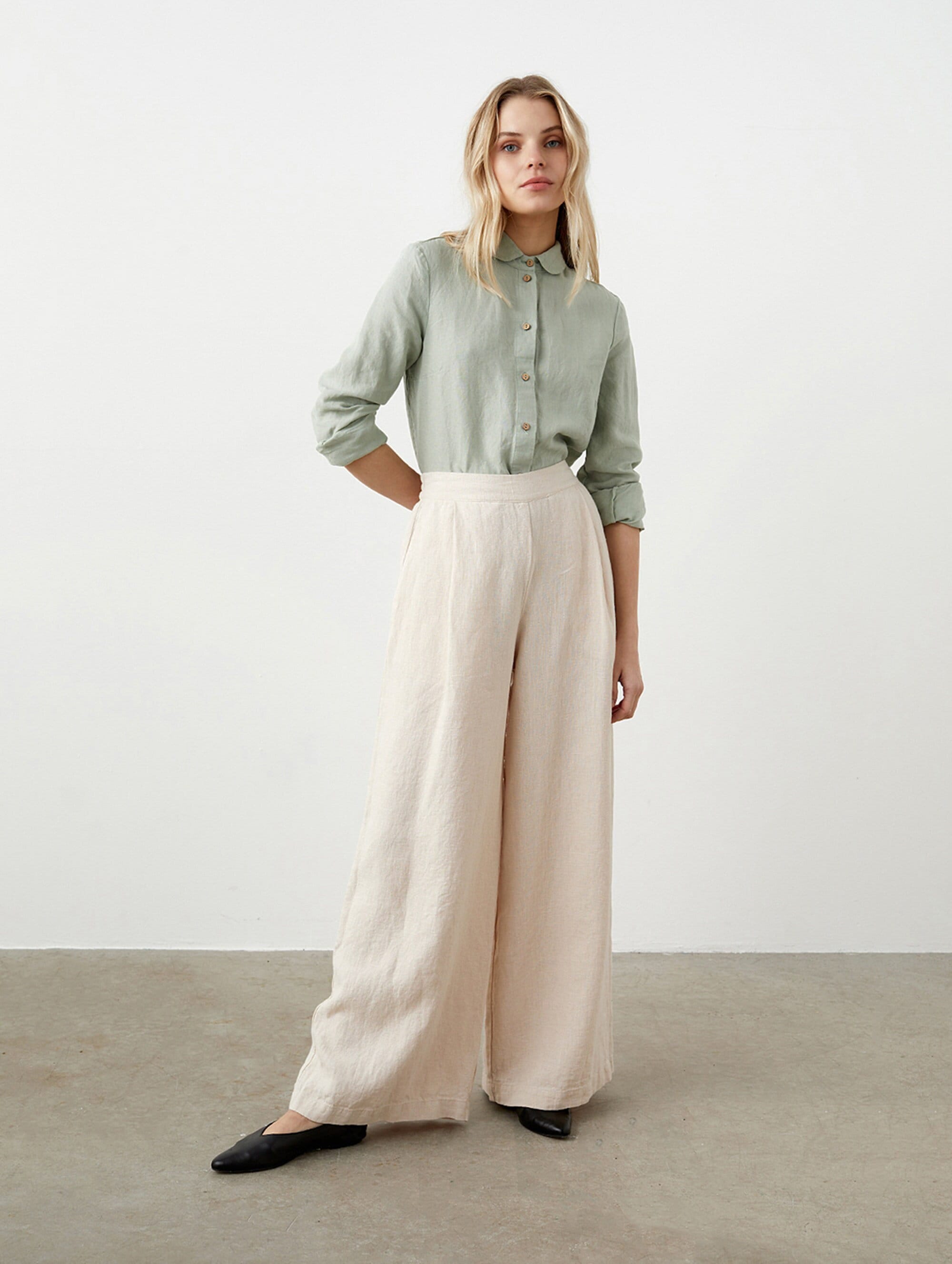 Peter Pan Collar Linen Shirt With Long Sleeves, Button Down