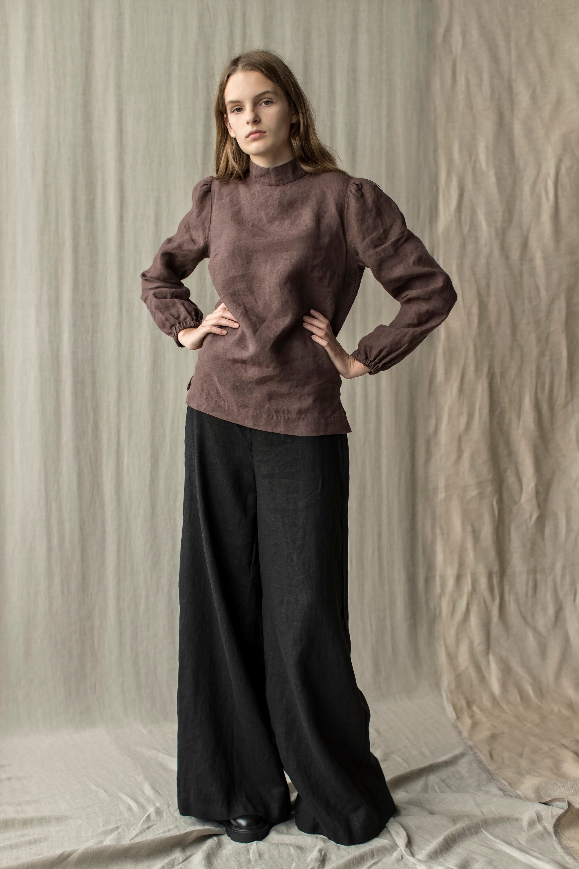 High Neck Blouse Balloon Sleeve Linen 