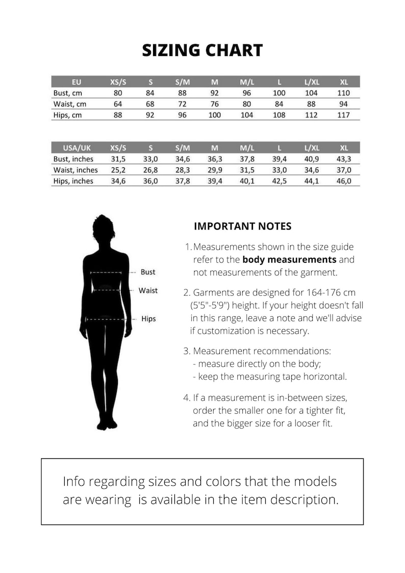 Puede incluir: Tabla de tallas para ropa con medidas en pulgadas y cent&iacute;metros. La tabla muestra las medidas de busto, cintura y cadera para las tallas XS/S, S, S/M, M, M/L, L, L/XL y XL.