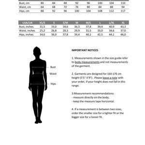 May include: Size chart for clothing with measurements in inches and centimeters. The chart shows bust, waist, and hip measurements for different sizes, from XS/S to XL. The chart also includes important notices about measurements and garment fit.