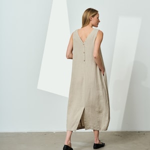 Maxi linen dress with V-neck, sleeveless linen dress with pockets, button linen dress with slit, summer linen dress, everyday dress SOLSTICE
