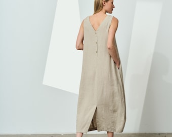 Maxi linen dress with V-neck, sleeveless linen dress with pockets, button linen dress with slit, summer linen dress, everyday dress SOLSTICE