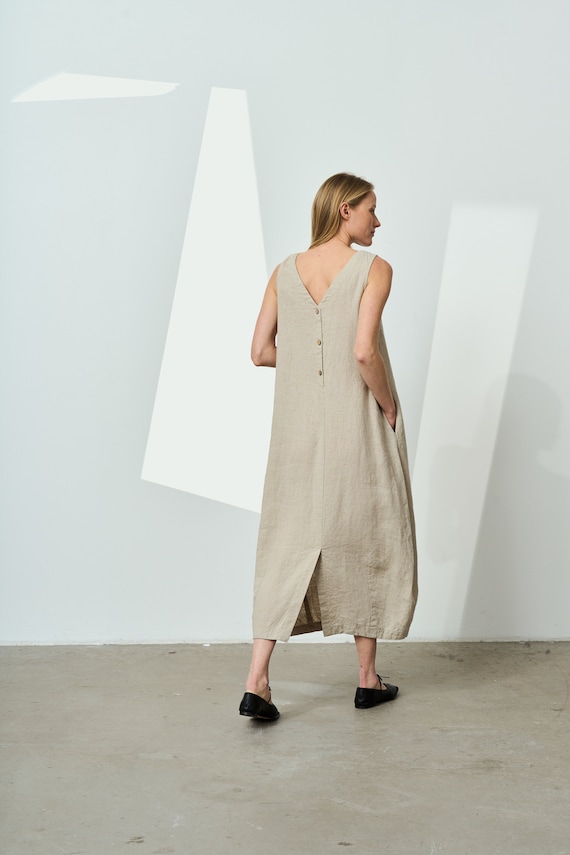Maxi Linen Dress With V neck Sleeveless Linen Dress With Pockets Button Linen Dress With Slit Summer Linen Dress Everyday Dress SOLSTICE Etsy
