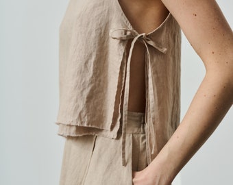 Chaleco de lino en capas para mujer, top de chaleco de lino con lazos laterales, chaleco de lino lateral abierto MUGO