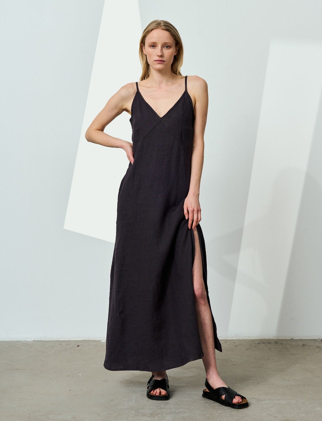 V-neck Maxi Linen Dress With Spaghetti Straps, Linen Sundress
