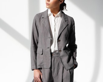 Heavy-Linen Blazer, Women’s Classic Jacket with Pockets, Buttoned Linen Top, Summer Office Linen Suit Jacket, Fitted Jacket SWAN