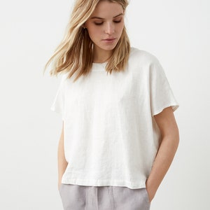 Oversized linen blouse with short sleeves, loose-fit linen blouse, basic linen tee with boat neck, linen t-shirt for women SAIL image 2