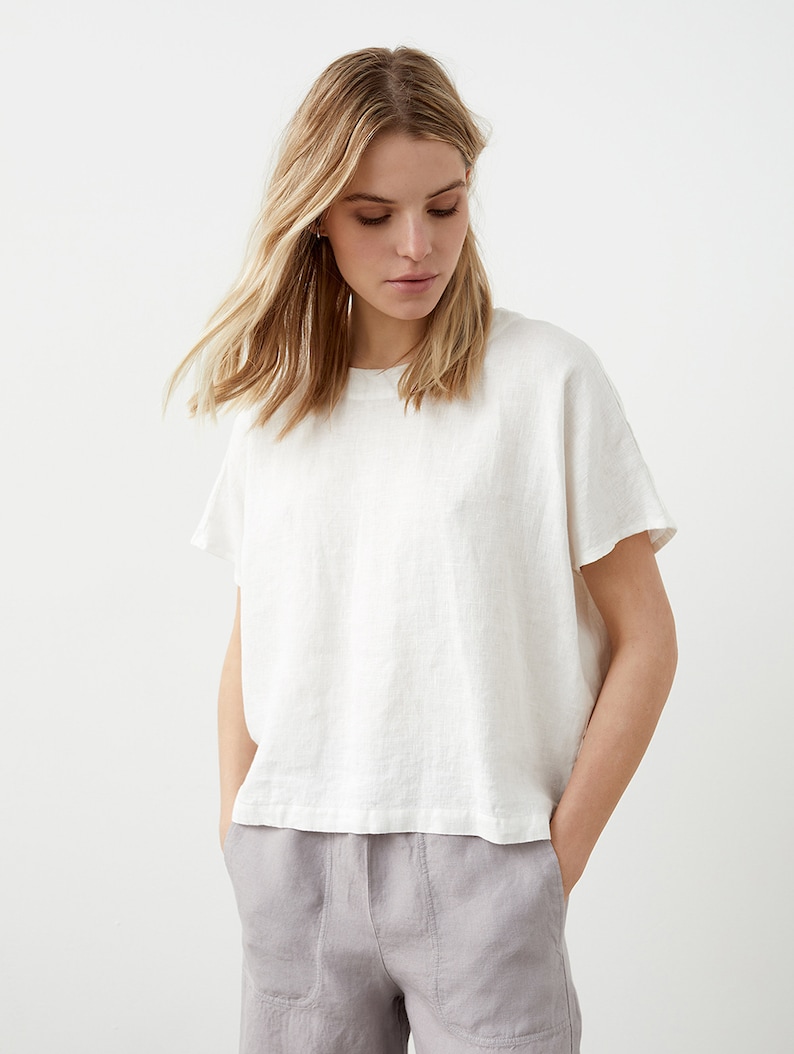 Oversized linen blouse with short sleeves, loose-fit linen blouse, basic linen tee with boat neck, linen t-shirt for women SAIL image 2