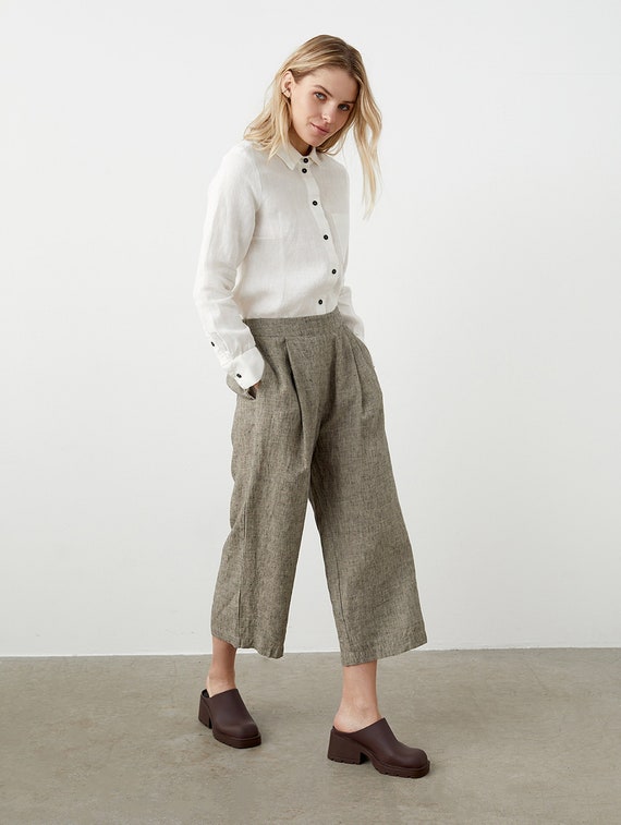 Linen culottes with pockets, wide leg palazzo pants, cropped linen trousers, pleated linen trousers LIME