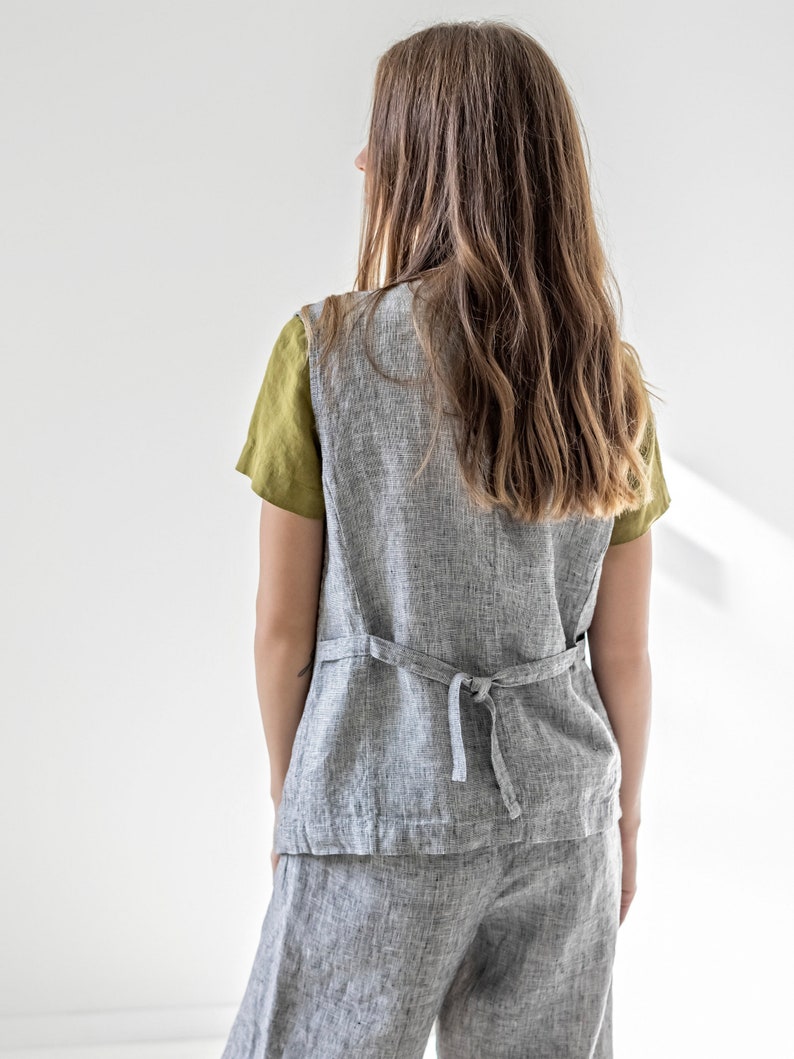 Buttoned linen vest for women, oversized linen waistcoat, relaxed vest with pockets BIRCH image 5