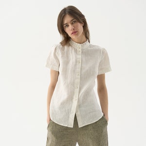 High collar Victorian blouse, raw edge linen blouse with short sleeves, ruffled collar Edwardian blouse, button-down linen shirt FAIRY