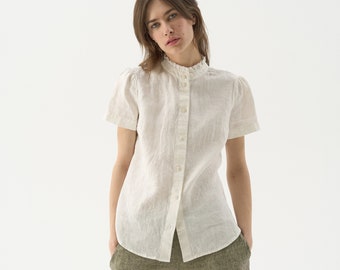 High collar Victorian blouse, raw edge linen blouse with short sleeves, ruffled collar Edwardian blouse, button-down linen shirt FAIRY
