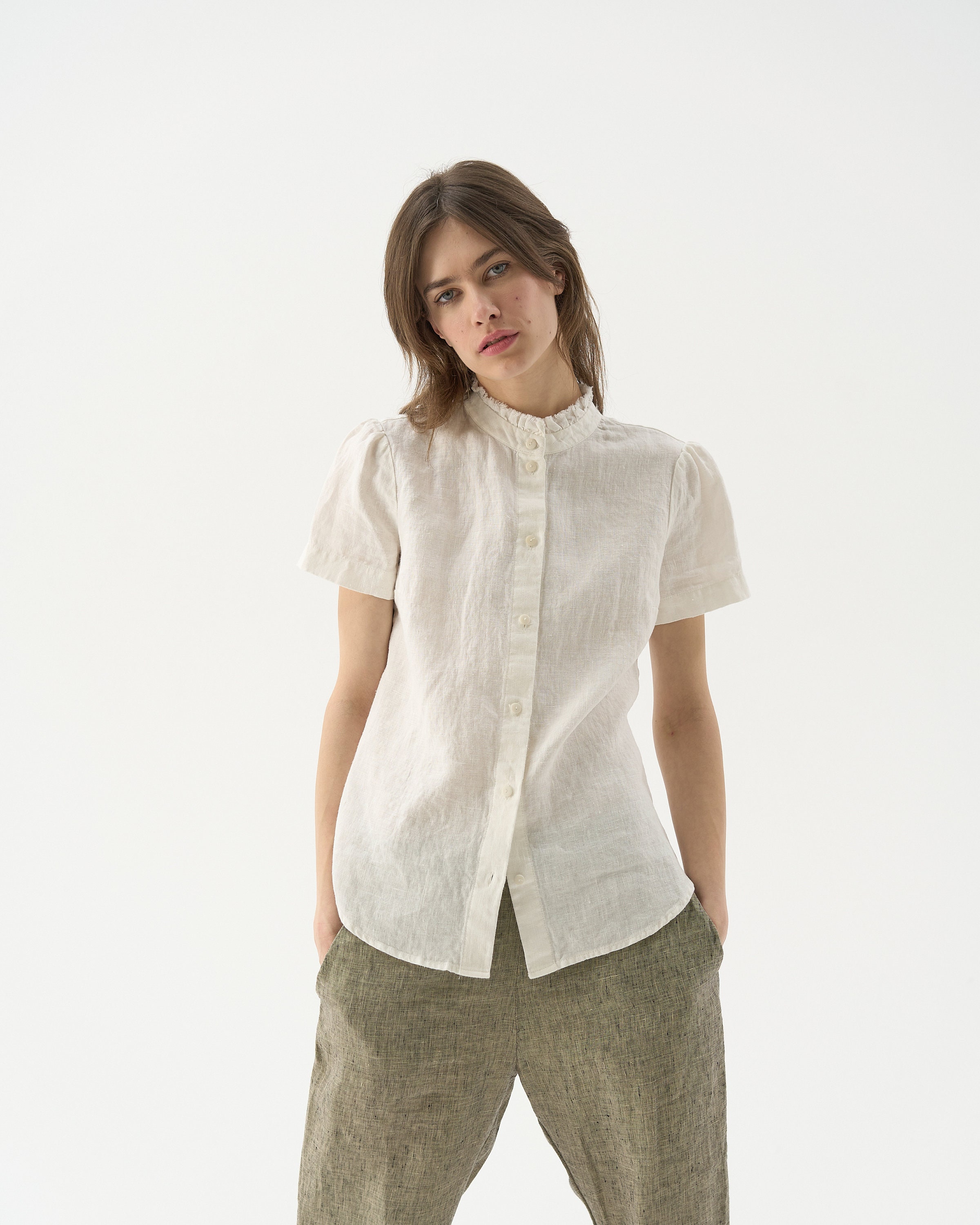 Chanel White linen top stitch button down cc logo Shirt blouse at