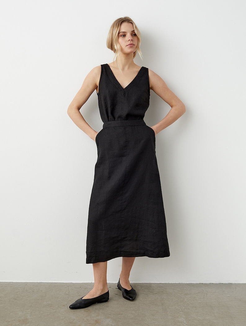 Linen midi skirt with pockets, A line skirt, long linen skirt, apron skirt, high waist skirt OPUS image 1