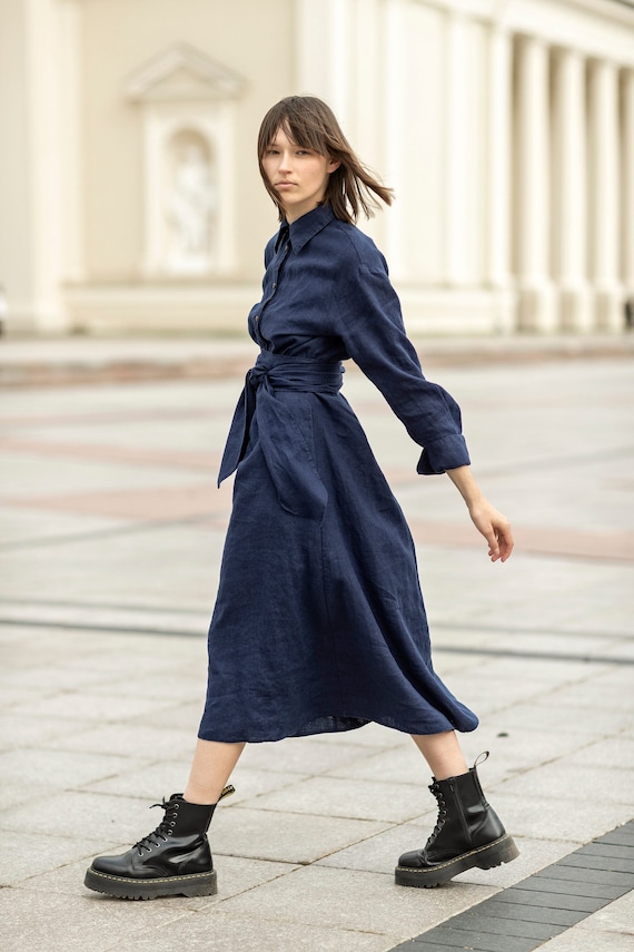 Linen Shirtdress With Pockets Bishop Sleeve Linen Dress - Etsy