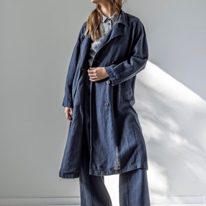 Double-breasted linen trench coat, heavy linen coat with pockets, long linen jacket for women MIST image 2