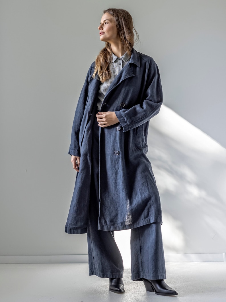 Double-breasted linen trench coat, heavy linen coat with pockets, long linen jacket for women MIST image 2