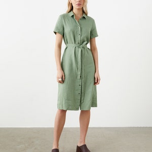 Linen shirtdress with short sleeves, A-line linen summer dress with classic collar, linen midi shirt dress with belt, casual linen dress EVA image 5