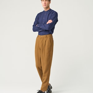 Tapered linen pants for men with zipper and elastic back, pleated heavy linen trousers NIKO zdjęcie 4