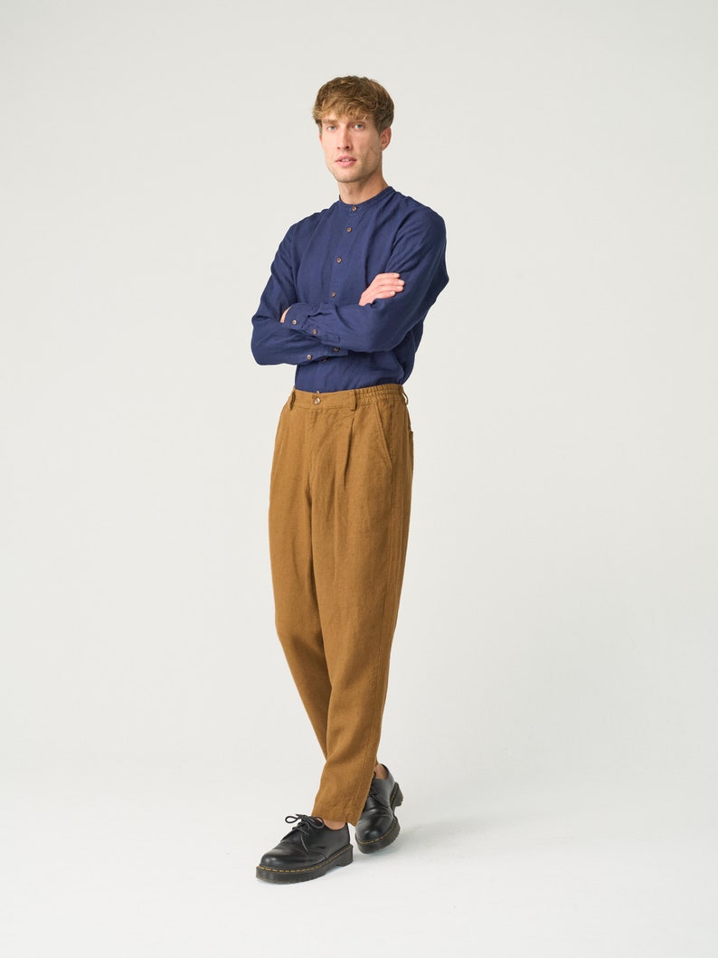 Pantalón cónico de lino para hombre con cremallera y espalda elástica, pantalón de lino pesado plisado NIKO imagen 4