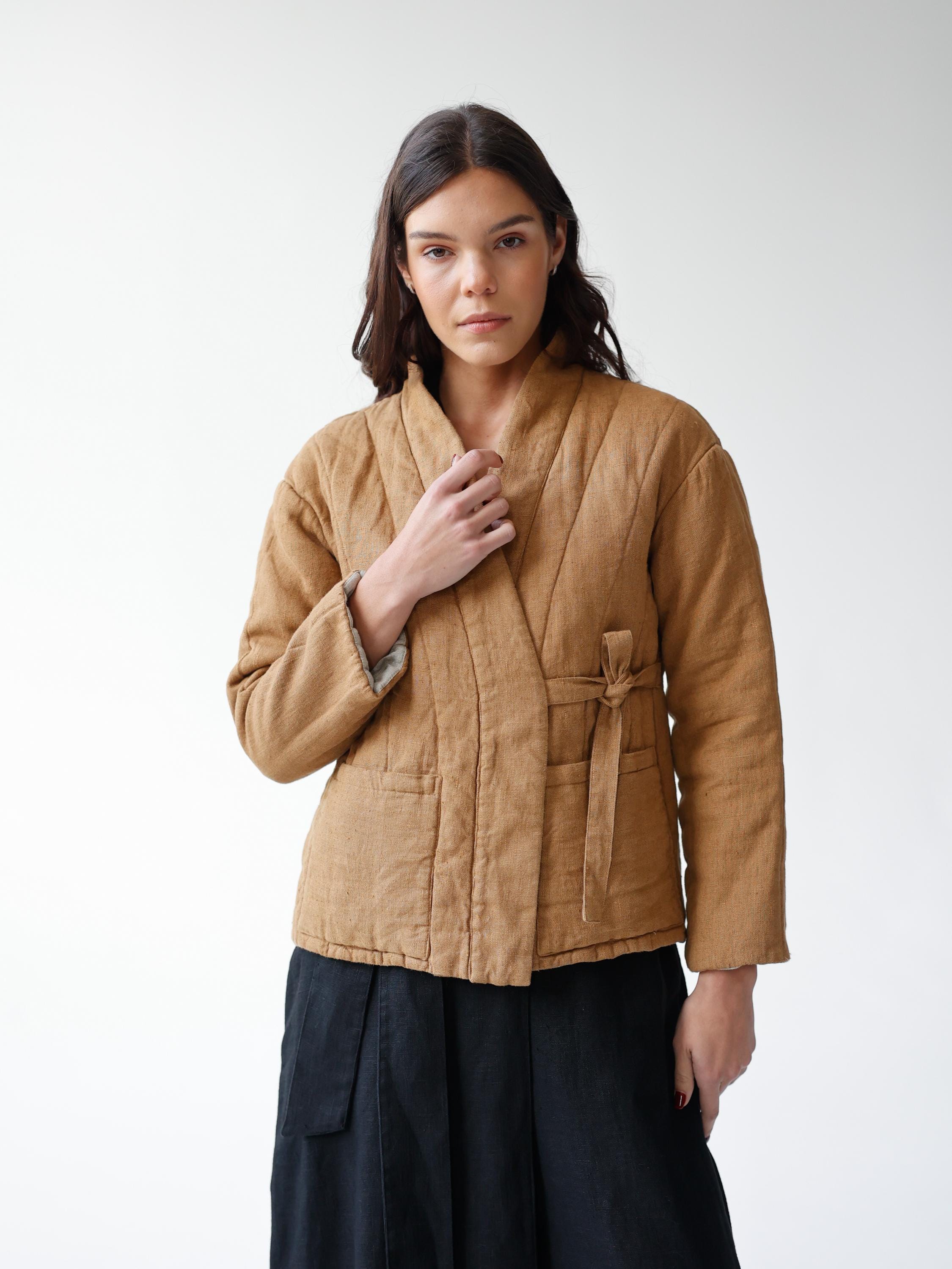 Quilted Linen Jacket, Linen Padded Coat With Pockets, Warm Kimono