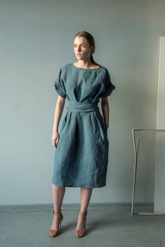 green linen dress