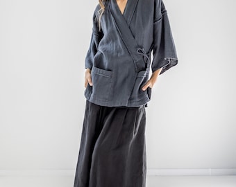 Heavy Linen Haori Jacket With Raw Edge, Tie-string Linen Jacket 