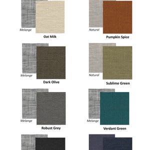 May include: A color chart for heavy weight linen fabric, 270 and 245 g/m2, displaying eight swatches labeled Oat Milk, Pumpkin Spice, Dark Olive, Sublime Green, Robust Grey, Verdant Green, Black Heavy, and Classic Navy with texture samples.