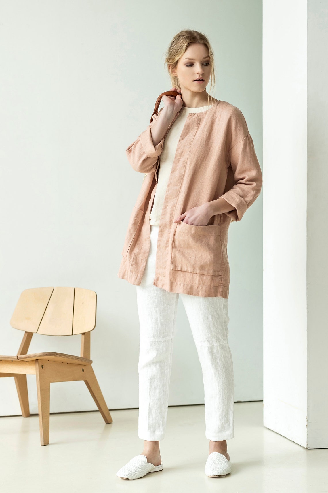 Collarless jacket from linen loose linen jacket women | Etsy