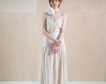 Tiered Linen Maxi Skirt, Boho Raw Edge, Button Slits, Side Zipper PANGEA