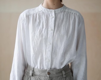 Long sleeve linen blouse, buttoned linen shirt women, fitted linen blouse, gathered blouse, simple linen blouse LUCA
