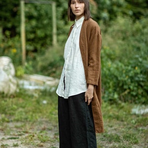 Wide-leg heavy-linen palazzo pants, linen culottes with pockets, cropped linen trousers, pleated linen trousers LIME image 3