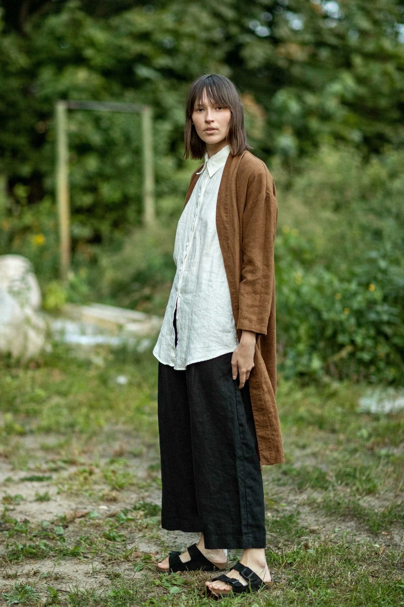 Wide-leg heavy-linen palazzo pants, linen culottes with pockets, cropped linen trousers, pleated linen trousers LIME image 3