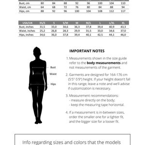 May include: A detailed sizing chart showing measurements in both centimetres and inches for bust, waist, and hips. Sizes range from XS/S to XL, with EU and USA/UK sizing. Includes important notes on garment fit.