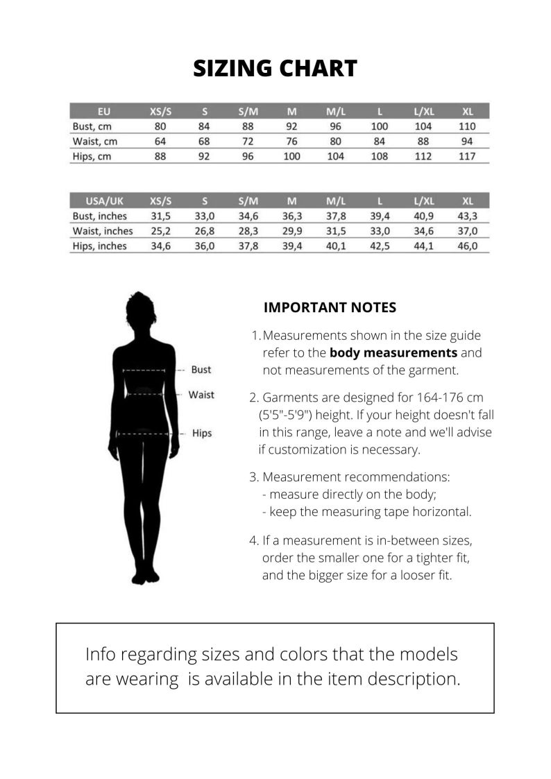 May include: A detailed sizing chart showing measurements in both centimetres and inches for bust, waist, and hips. Sizes range from XS/S to XL, with EU and USA/UK sizing. Includes important notes on garment fit.