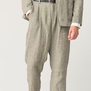 Tapered linen pants for men with zipper and elastic back, slightly pleated linen trousers NIKO zdjęcie 2